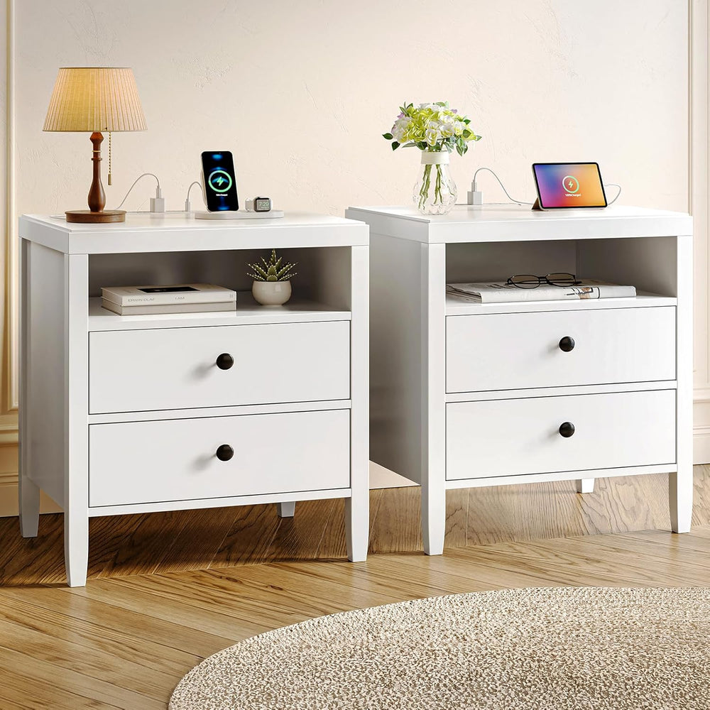Huuger White Nightstand Set of 2, Night Stand with Charger Station, Bedside T...