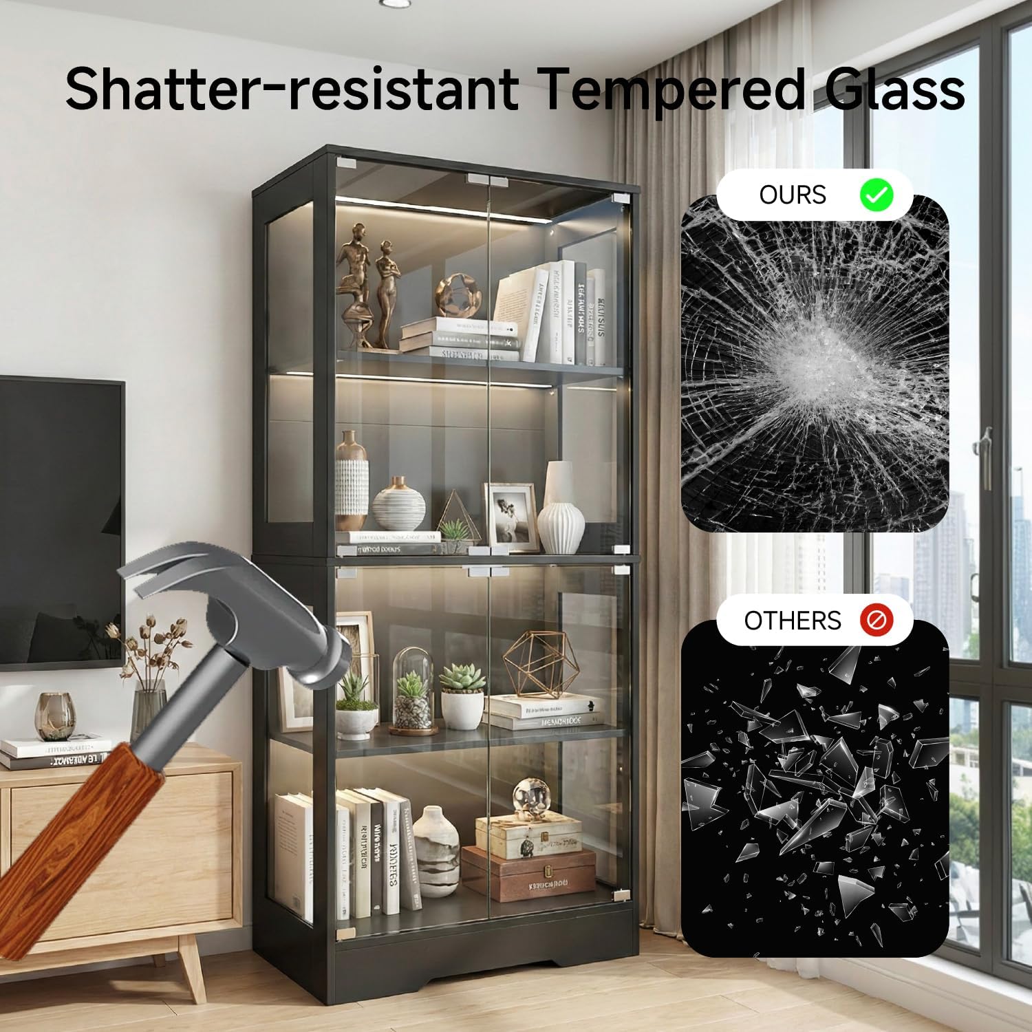 GINGO 5.5 Ft Display Cabinet with Glass Doors, 4-Tier Curio Cabinet with 3 Color Lights for Collectibles, Glass Display Case with Human Body Sensor, Bookcase with 4 Shelves, Storage Cabinets, Black