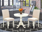 East West Furniture AMAB3-LWH-02 3 Piece Dining Room Furniture Set Contains a Round Dining Table with Pedestal and 2 Light Beige Linen Fabric Upholstered Chairs, 36x36 Inch, Linen White