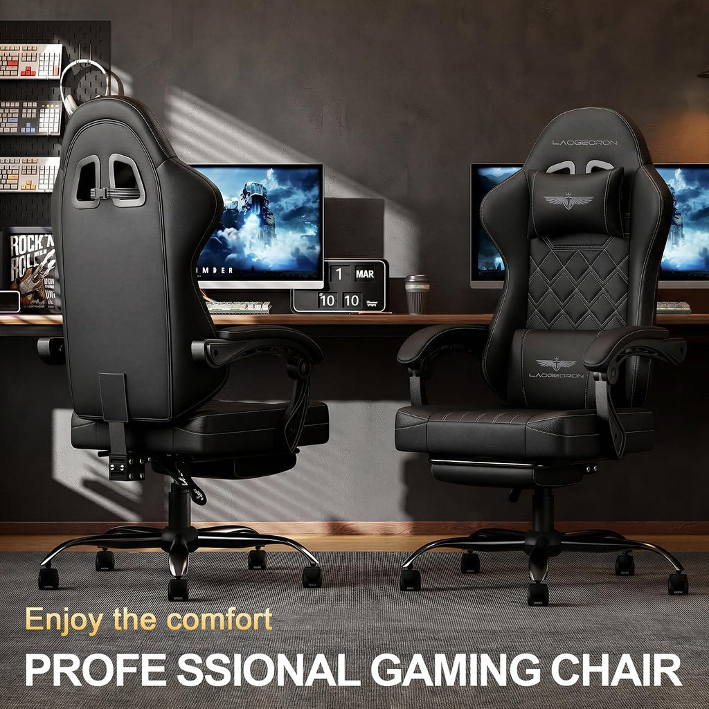 Ergonomic Gaming Chair with Retractable Footrest, High Back Video Game Chairs Computer Gaming Chairs with Headrest and Lumbar Support 400 lbs Linked Armrests Adult Chair (Black)