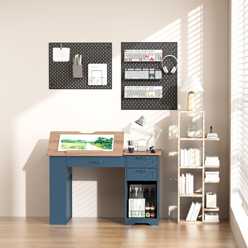 Drafting Table with Storage Cabinet & Drawers, Adjustable Drawing Table w...