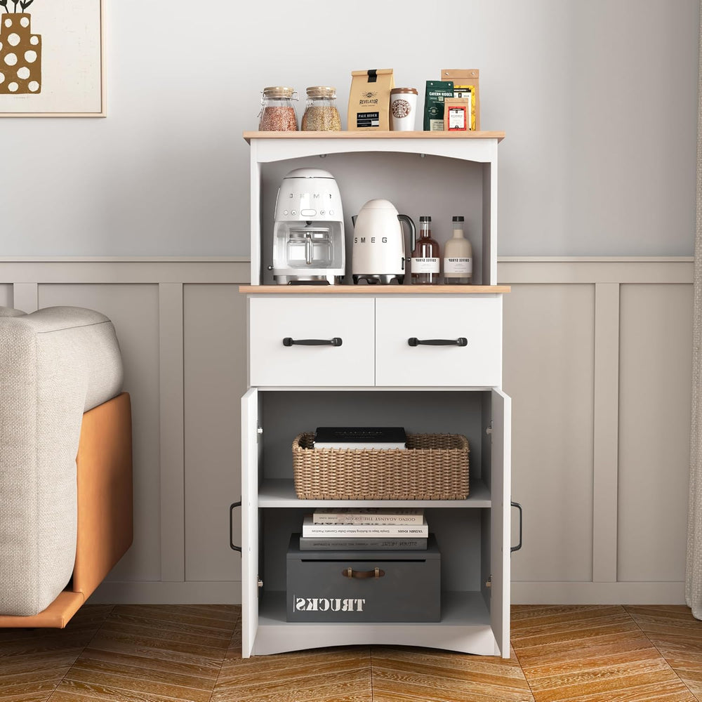Modern White Wooden Kitchen Pantry Cabinet with Microwave Stand, Storage Draw...