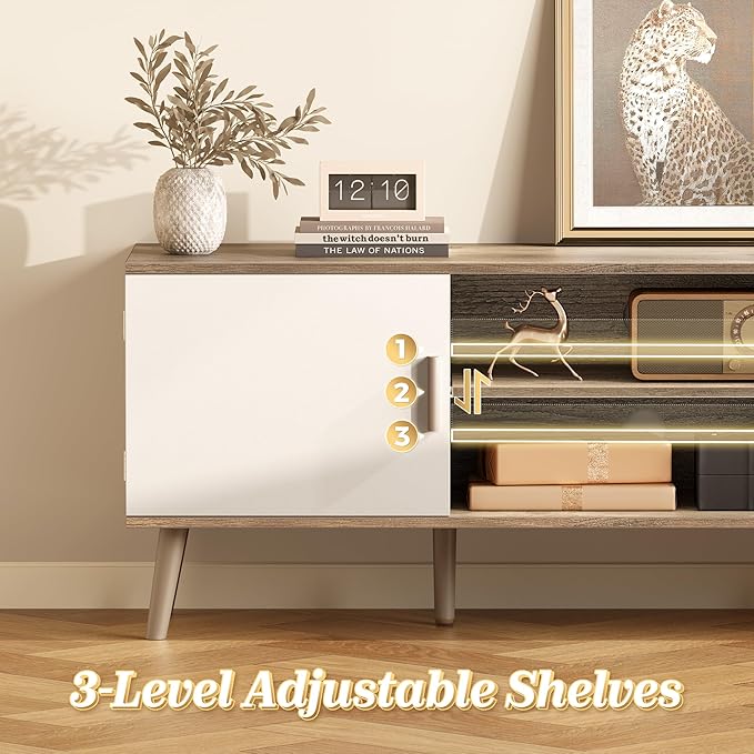 SUPERJARE TV Stand for 55 Inch TV, Entertainment Center with Adjustable Shelf, 2 Cabinets, TV Console Table, Media Console, Solid Wood Feet, Cord Holes, for Living Room, Bedroom, Gray and White
