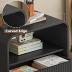 Dresser with 2 Drawers and Charging Station, Fluted Bedside Table with Round Curved Corner, Hidden Handles, 2 AC Outlets and 2 USB Ports, Modern Wood End Table with Open Shelf for Bedroom