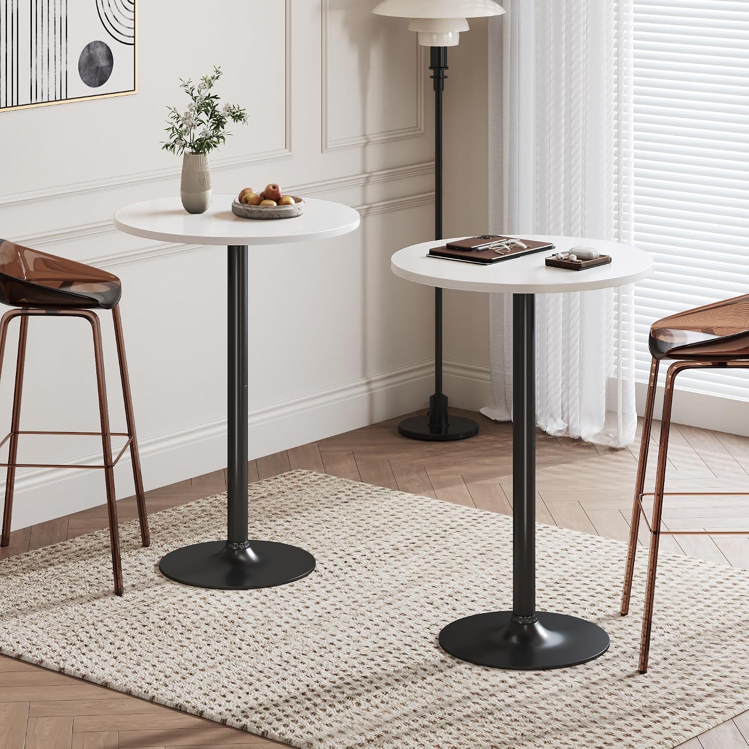 Flamaker Round Bistro Pub Table Modern Style Metal Base MDF Top Cocktail Bar Table Counter Bar Height for Pub, Dining Room, Party (2, White-Black)