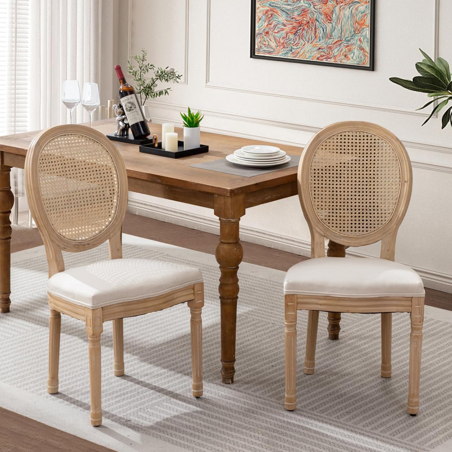 SoarFlash French Dining Chairs Set of 2, Vantage Dining Chair with Round Back, Wood Leg Farmhouse Country Rattan Dining Chair for Kitchen,Bedroom,Beige