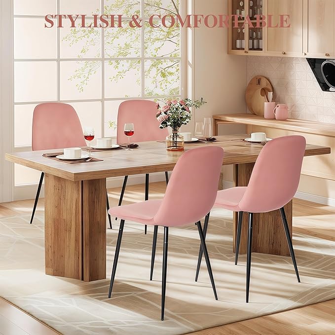 CangLong Modern Velvet Chairs with Metal Legs for Living Room, Bedroom, Restaurant, Dining Room, Set of 4, Pink