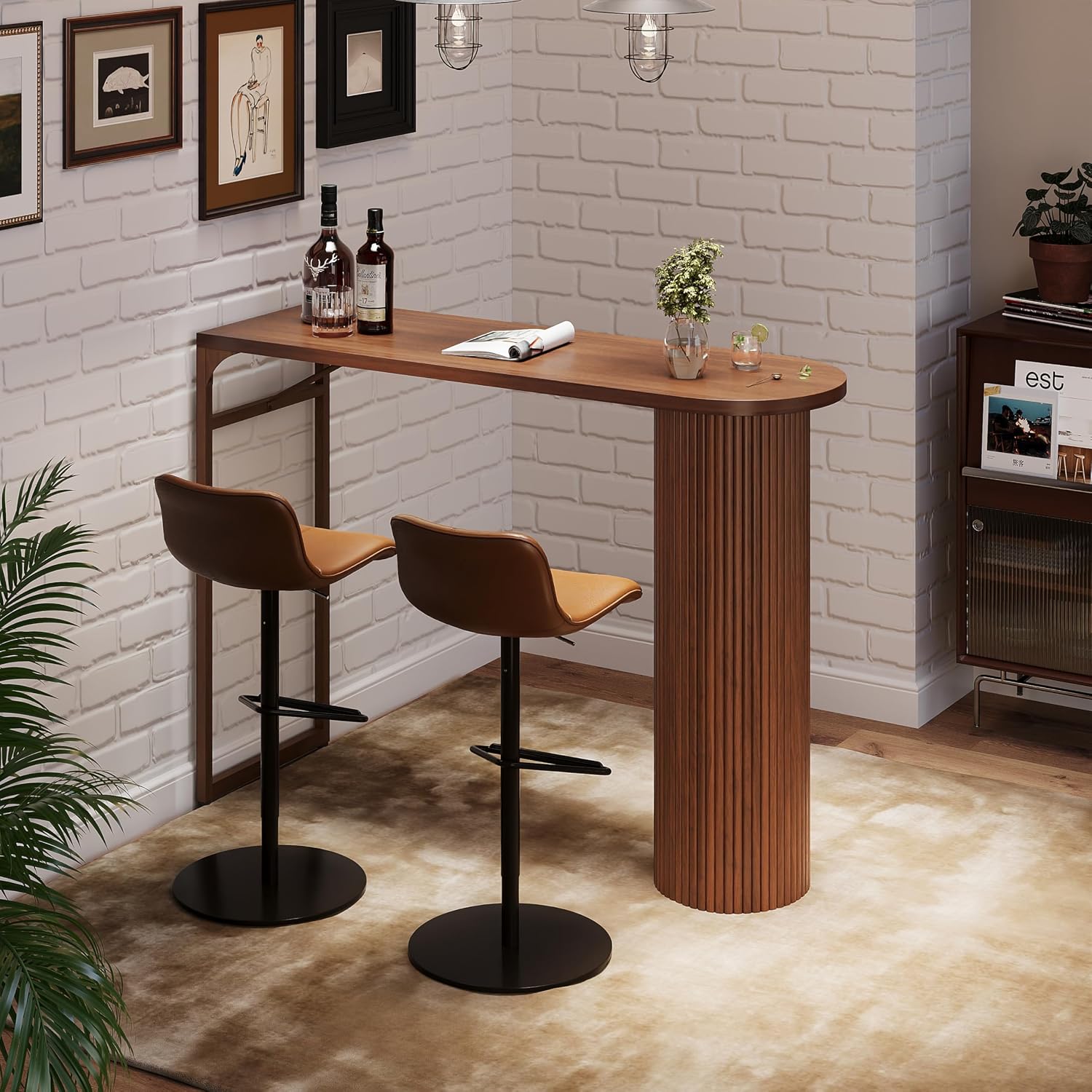 55" Long Bar Table, Fluted Wood Counter Height Pub Table, High Top Kitchen Breakfast Bar Tables with Sturdy Metal Frame, Modern Bar Height Dining Table for Bistro, Dining Room, Living Room