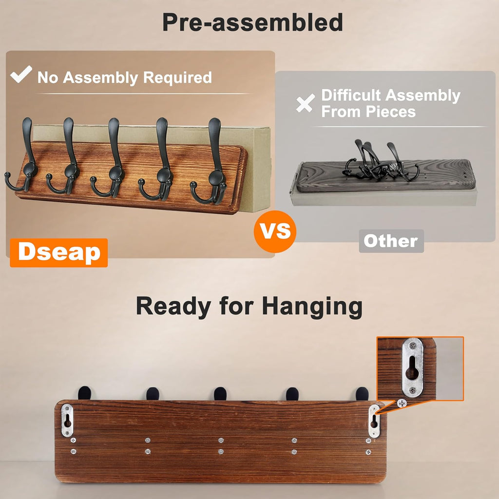 Dseap Coat Rack Wall Mounted - 5 Tri Hooks, Heavy Duty, Wooden Wall Coat Hanger Coat Hook for Clothes Hat Jacket Clothing, White & Black