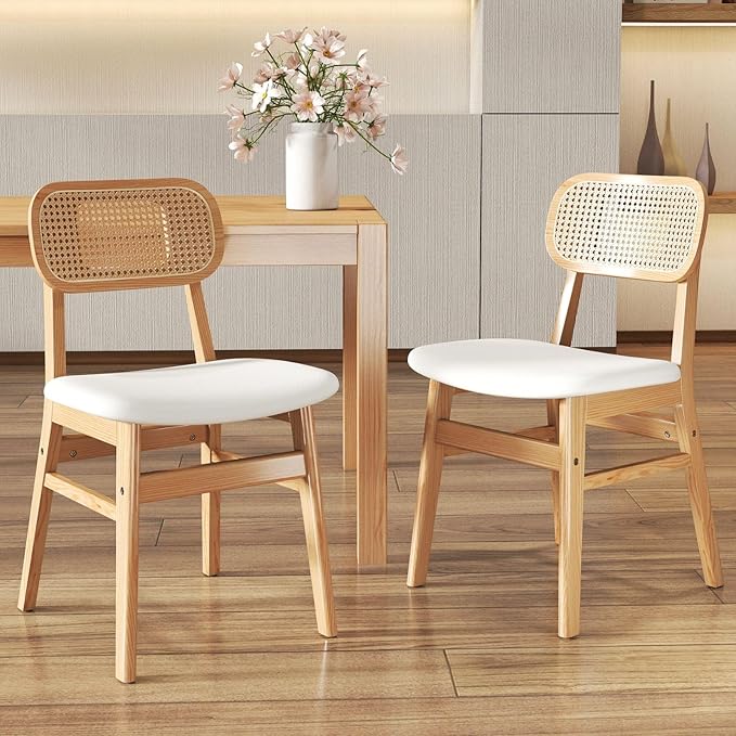 Rattan Dining Chairs Set of 2 White Faux Leather Dining Room Chairs Natural Wooden Kitchen Chairs Farmhouse Side Chairs