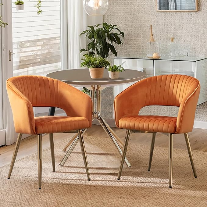 Orange Velvet Dining Chairs Gold Legs, Modern Dining Room Chairs with Arms Set of 2 Upholstered Accent Chair Armchair with Barrel Back for Kitchen Living Room