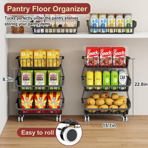 3-Tier Rolling Pantry Cart with Wheels, Stackable Wire Storage Floor Organizer for Kitchen Pantry Snack Shelves, Fruit Basket Stand, Vegetable Storage Rack for Food Snacks Onion Potato, Black, 2 Pack