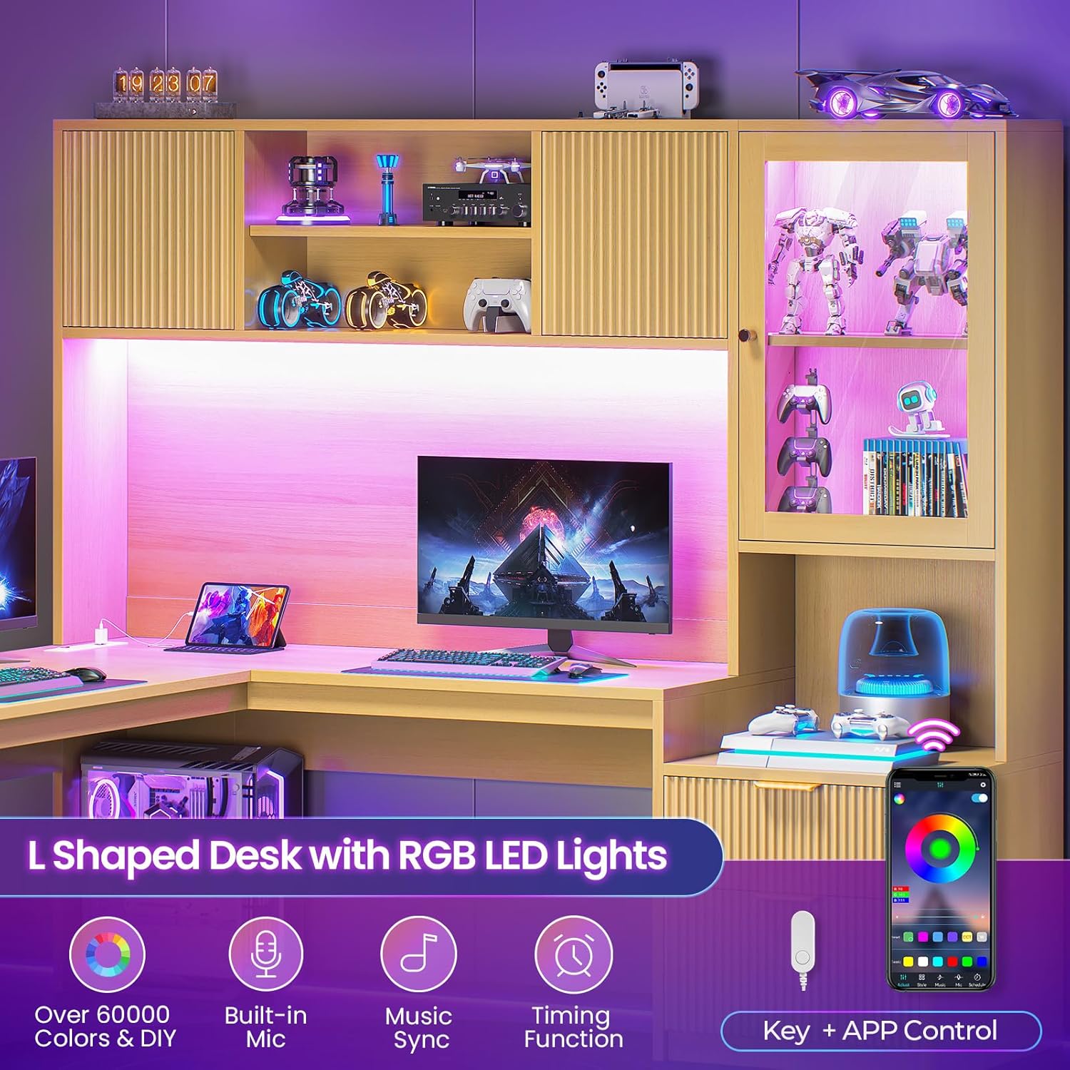 SEDETA 67" x 65" L Shaped Desk with Hutch, RGB LED Corner Computer Desk with Power Outlets, Fluted Home Office Desk with File Drawer, Storage Cabinet & Glass Display Cabinet for Gaming & Working, Oak