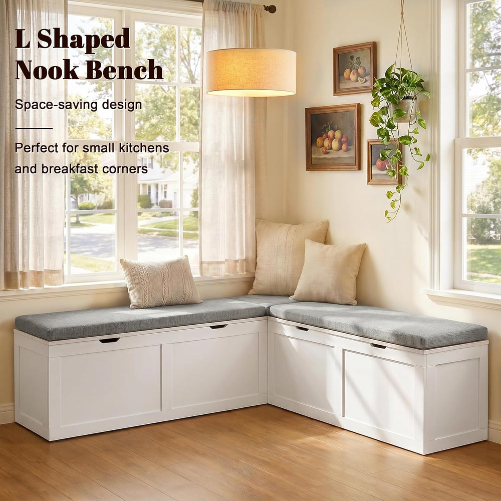 63” Breakfast Nook Bench, L Shaped Storage Bench with Cushion, White | Corner...
