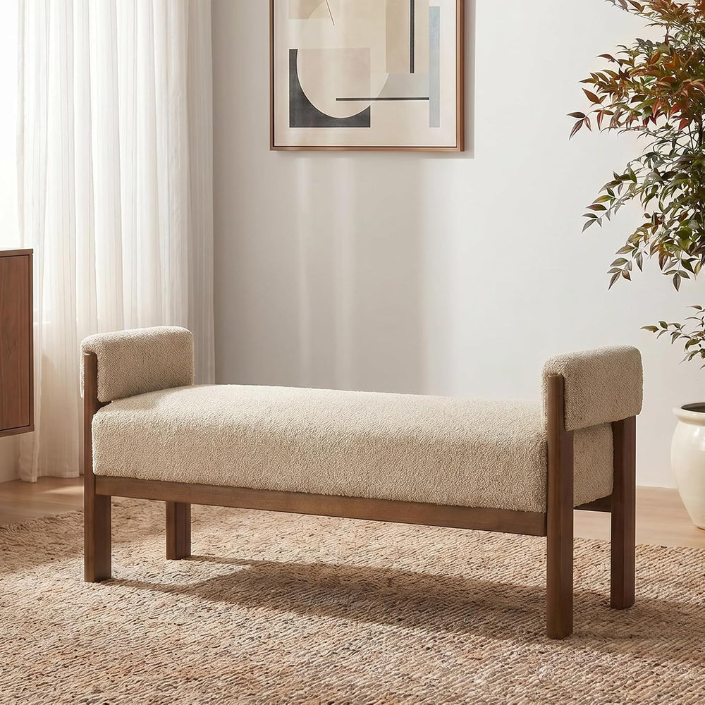 VKNOW 51.8”End of Bed Bench Upholstered Bedroom Bench with Arms, Brown | Soli...