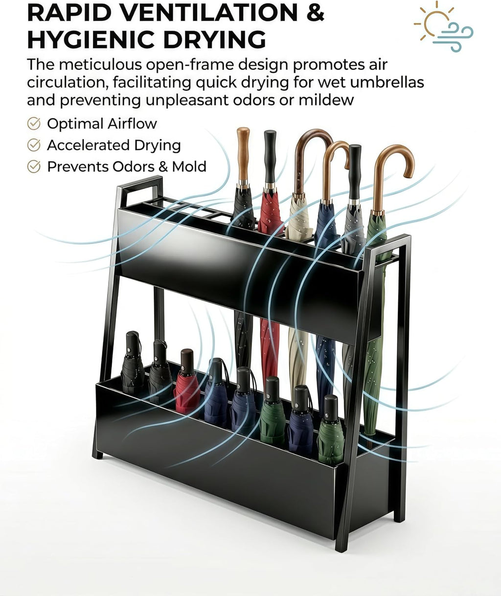 Large Square Metal Umbrella Stand for Entryway with Drip Tray | Hold up to 16 long and 32 compact umbrellas in one stand: keep your entryway clutter-free and floors dry with a drip tray