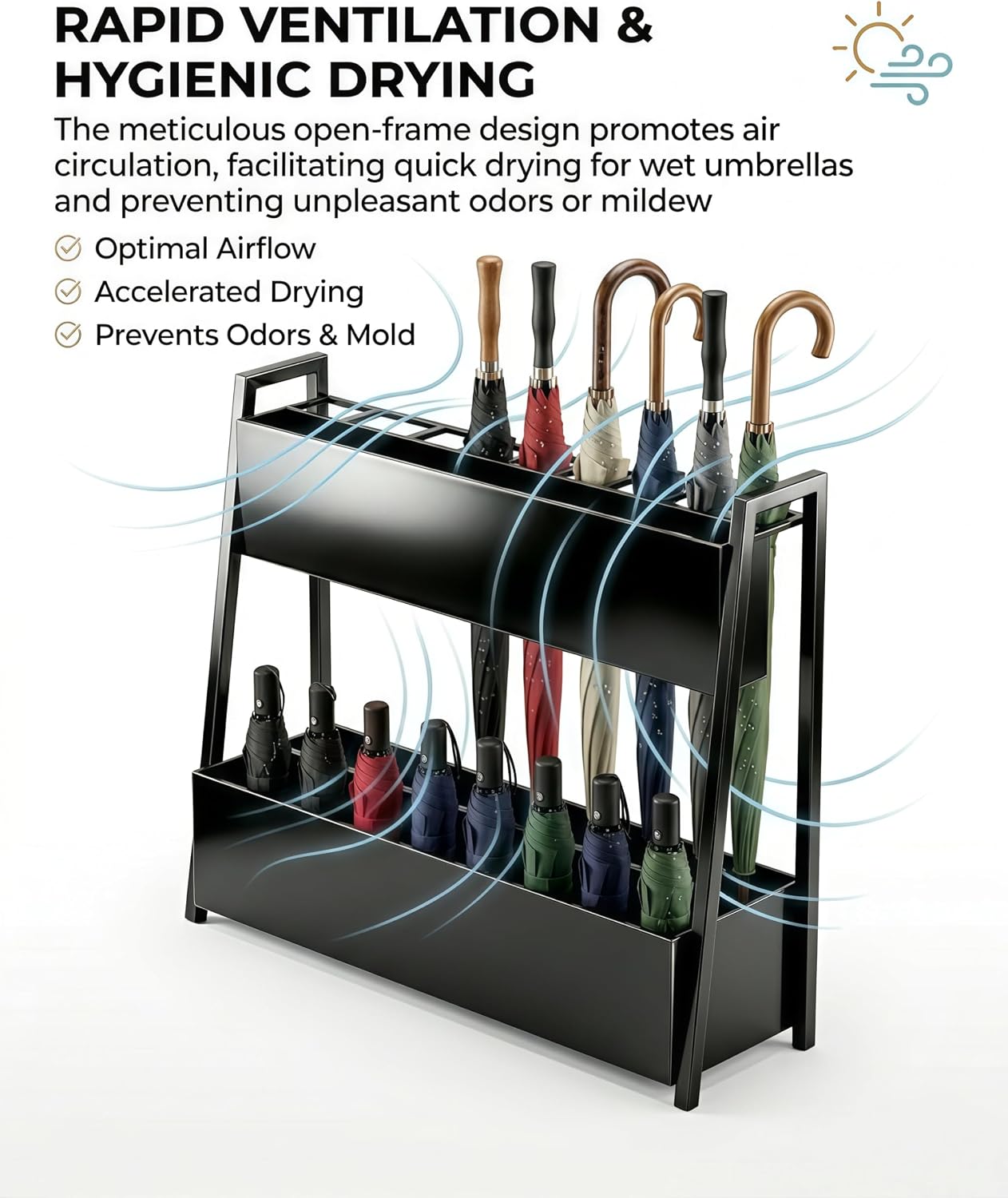 Large Square Metal Umbrella Stand for Entryway with Drip Tray | Hold up to 16 long and 32 compact umbrellas in one stand: keep your entryway clutter-free and floors dry with a drip tray