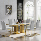 Goujxcy Dining Chairs Set of 6, Modern High Back Kitchen Chairs with Metal Legs and Faux Leather Padded Seat Upholstered Dining Chairs for Dining & Kitchen,Living Room (Light Gray&Gold, Set of 6)