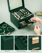 SONGMICS Jewelry Box Organizer with Glass Lid, 4-Layer Jewelry Storage, with 3 Drawers, Modern Style, Christmas Gift, 8 x 9.1 x 6.5 Inches, Forest Green and Gold Color UJBC173C01