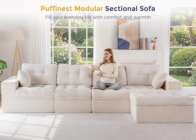 MAXYOYO 132" L Shaped Modular Sectional Sofa with Ottoman, Cloud Boneless Couch with Layered Cushion, Upholstered Sofa in a Box, Flexible Module Combination for Living Room, No Assembly, Beige