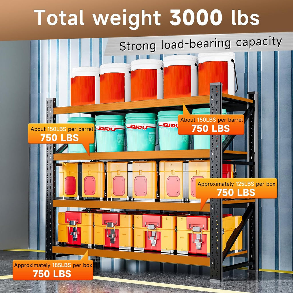 3000LBS Storage Shelves,48" W Garage Shelving Heavy Duty 4 Tier Metal Storage Rack Shelf，Industrial Shelving Adjustable Shelf for Basement Warehouse 48" W x 24" D x 70" H，Black