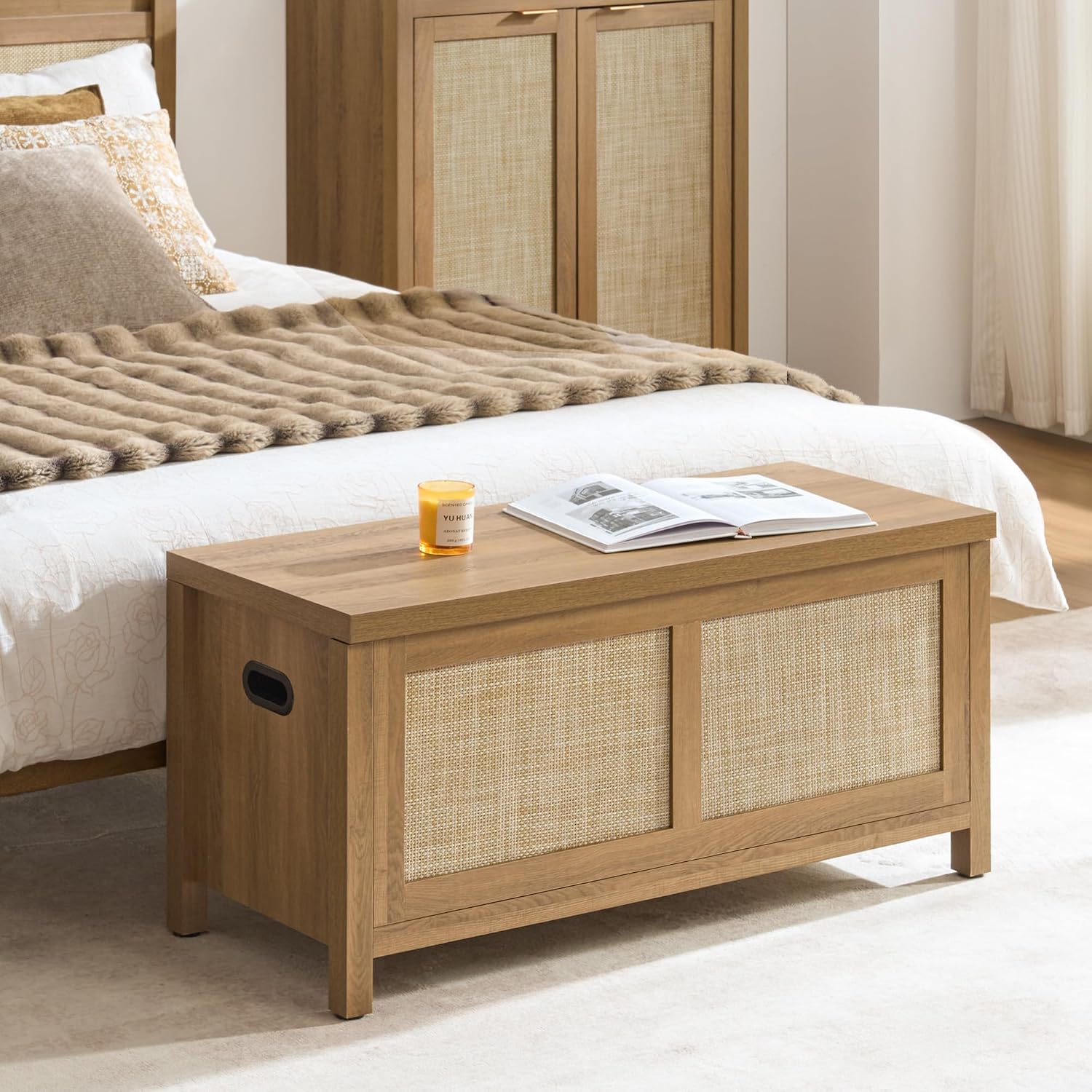 SICOTAS Rattan Storage Chest 39.4" Storage Bench for Bedroom | Boho Storage Truck with 2 Safety Hinges and Flip Top for Living Room Entryway, Supports 220 lb, Oak