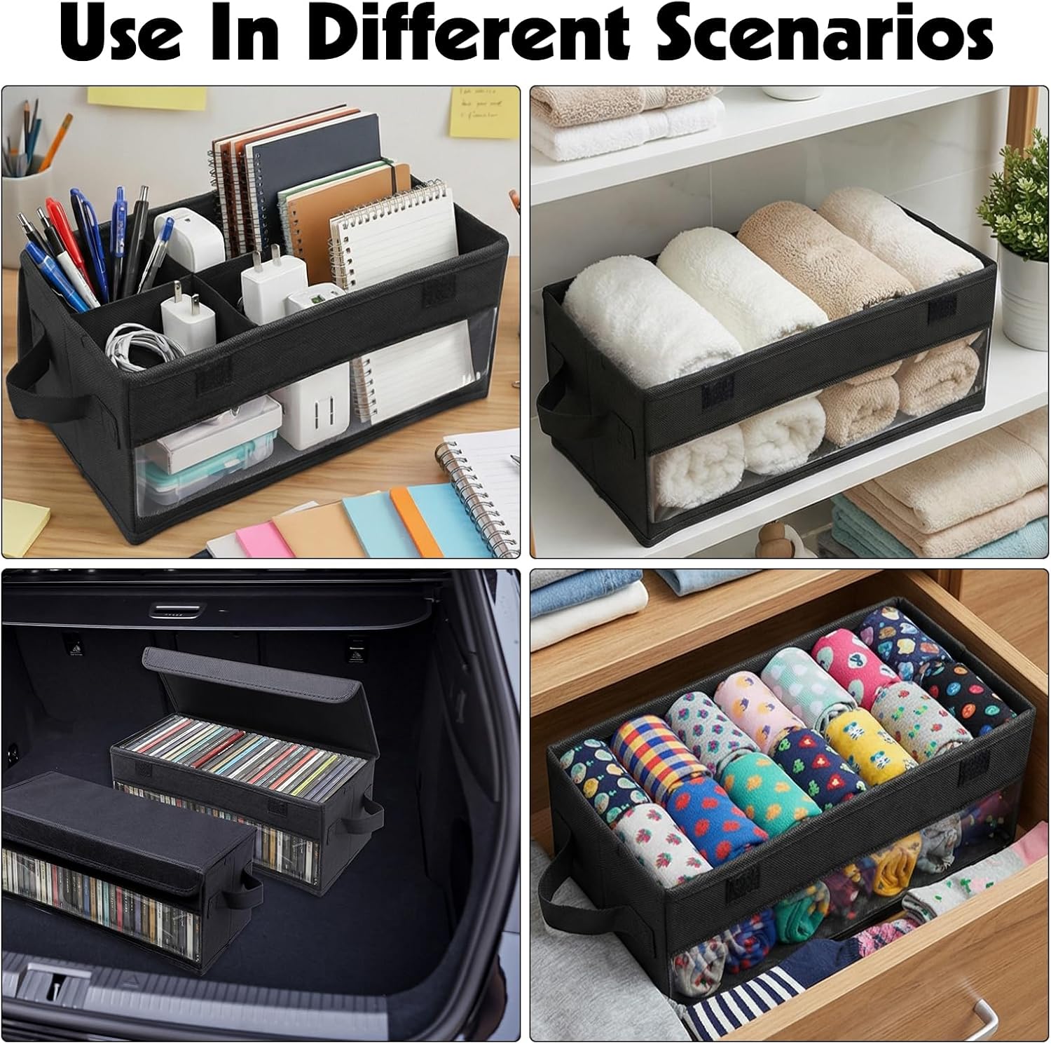 CD Storage Box, CD Case Holder with Handles | 14.17×6.3×5.51in Lid and Clear Window Stackable CD Organizer Box Holds Up to 32 CDs in full jewel cases(Black)
