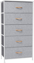 Tall Dresser, Wide Vertical Fabric Storage Organizer, 5 Drawer (Light Gray) | Sturdy Steel Frame, Wood Top and Easy Pull Handle, Space-saving Organizer for Clothes, Bedroom, Hallway, Entryway, Closets