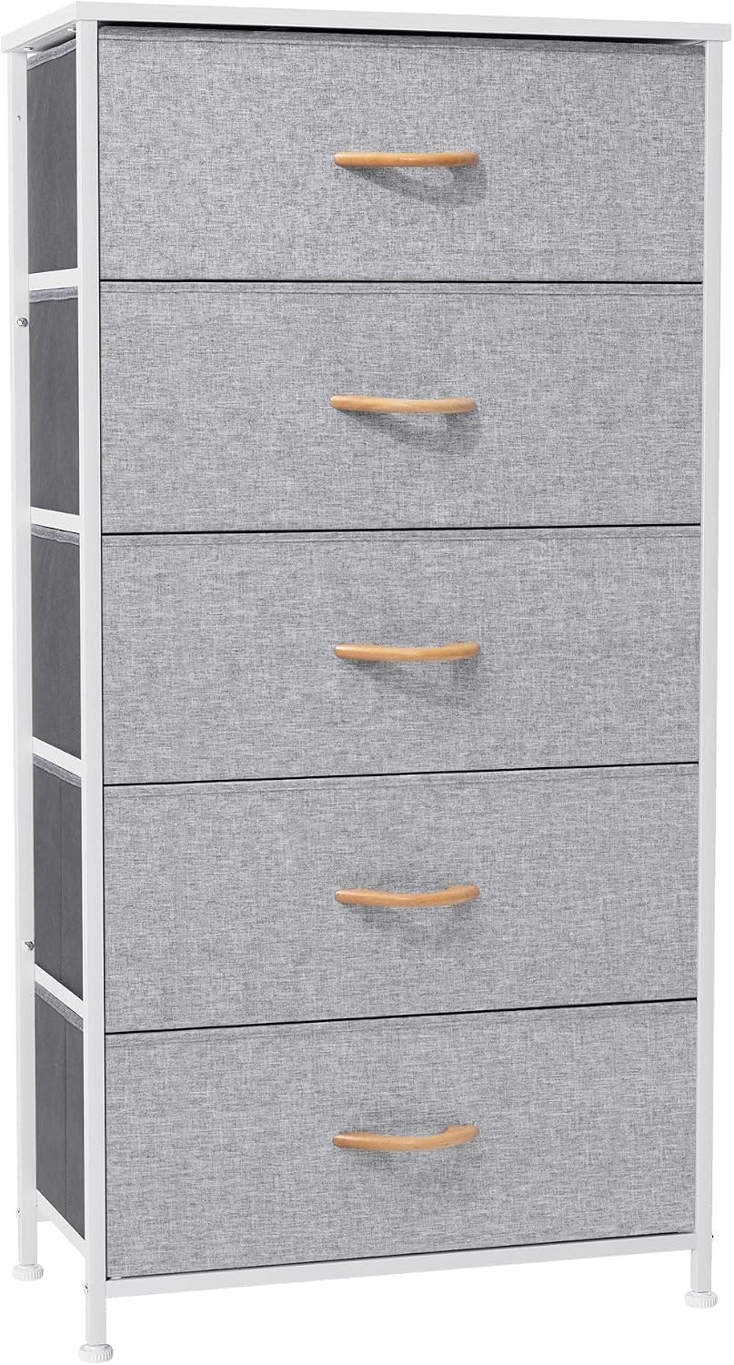 Tall Dresser, Wide Vertical Fabric Storage Organizer, 5 Drawer (Light Gray) | Sturdy Steel Frame, Wood Top and Easy Pull Handle, Space-saving Organizer for Clothes, Bedroom, Hallway, Entryway, Closets