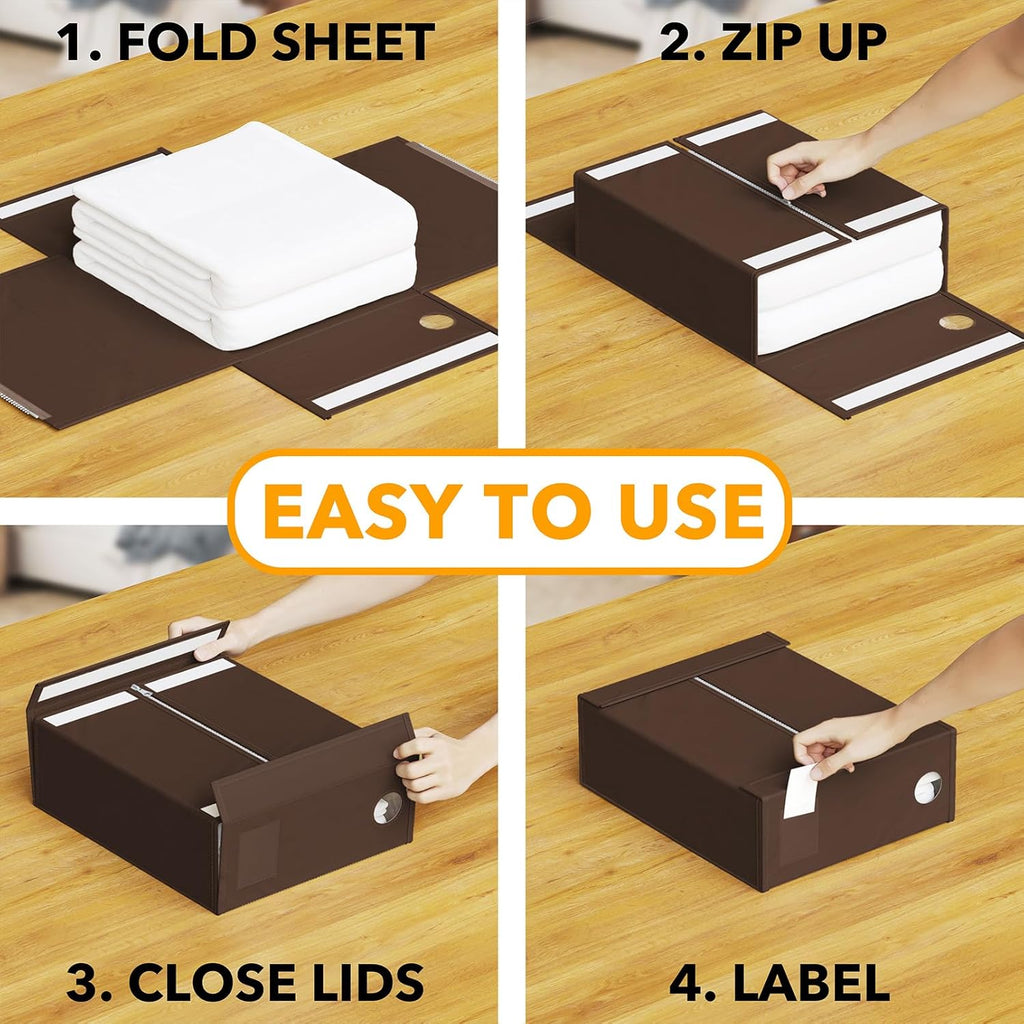 SpaceAid 8 Pack Bed Sheet Organizers and Storage, Foldable Linen Closet Organizer, Set Folder Keeper With Window XL (Queen & King Size) Bedding Container (Brown)