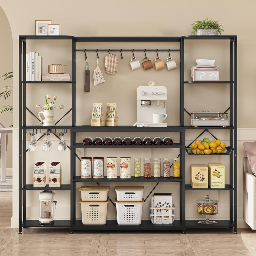 62.4in Large Bakers Rack with Power Outlet, Wide Kitchen Microwave Stand with Storage Shelves, 5-Tier Coffee Bar, Wine Rack, Goblet Holder, 8 Hooks, Wire Basket(Black)