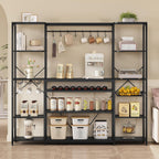 62.4in Large Bakers Rack with Power Outlet, Wide Kitchen Microwave Stand with Storage Shelves, 5-Tier Coffee Bar, Wine Rack, Goblet Holder, 8 Hooks, Wire Basket(Black)