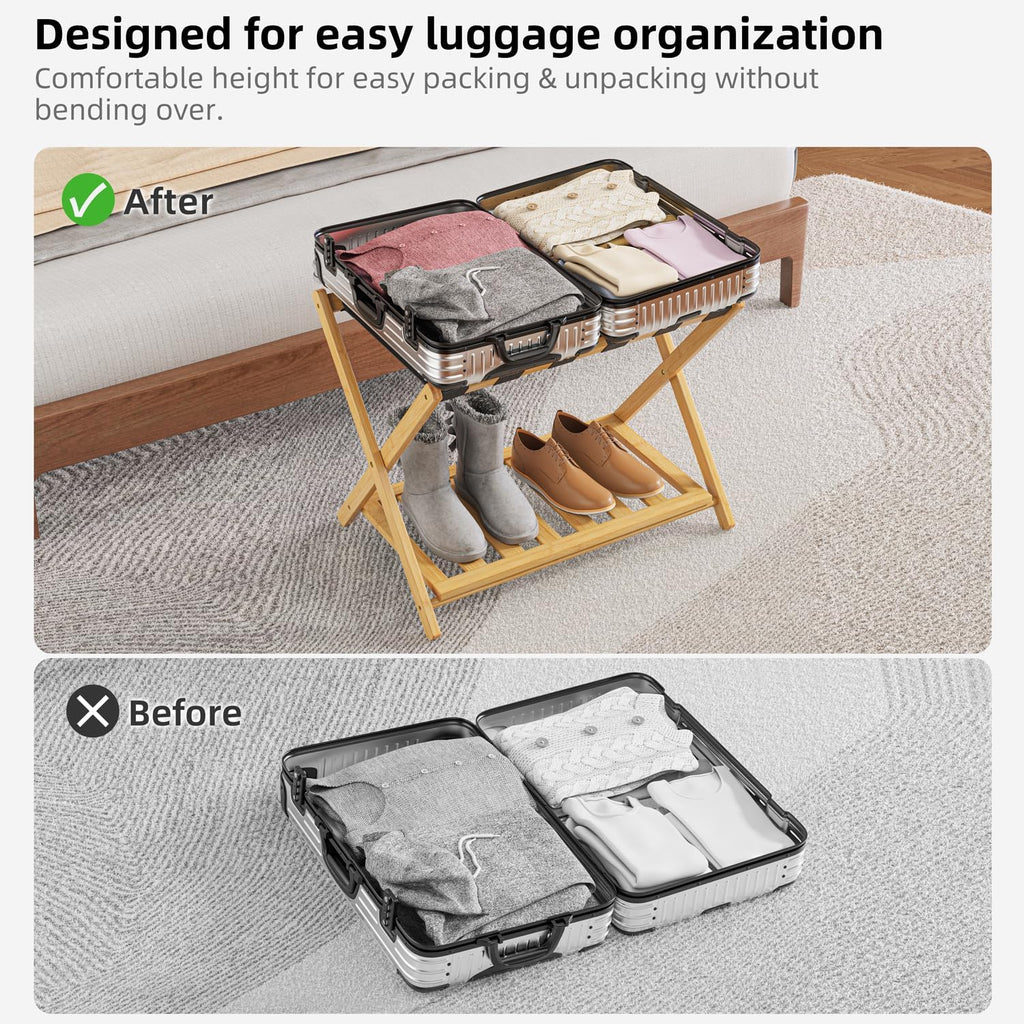 BAMBOOHOMIE Bamboo Luggage Rack for Guest Room, Wide Suitcase Stand with Storage Shelf, Folding Luggage Stand Holder for Bedroom Hotel, 26.77" Thickened Luggage Rack for Suitcases, Natural