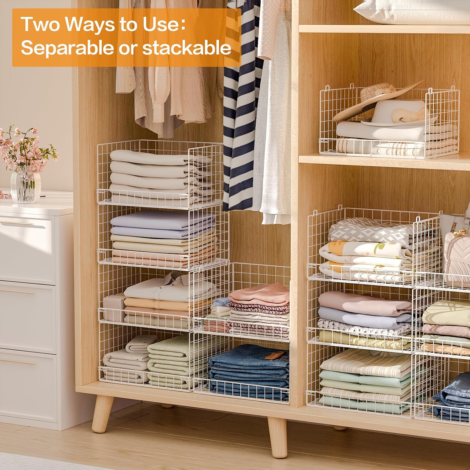 Yociyoga 6-Tier Stackable Closet Organizers and Storage Shelves, Closet Shelf Organizer Basket Bins, Foldable Sweater Storage for Clothes Organizer System, White（Patent No. 30022416）