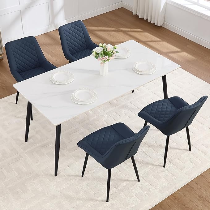 Dining Chair Set of 4, Modern Dining Chairs with Thick Cushions, Faux Leather Upholstered Kitchen Dining Room Chairs with Metal Adjustable Legs for Dining Living Room, Blue