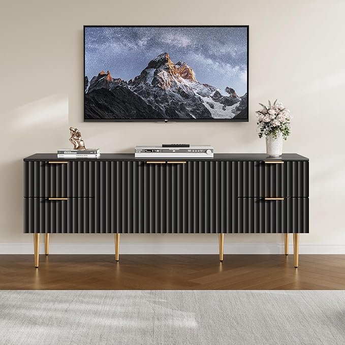 SICOTAS TV Stand for 55/60/65/70 Inch TV - 62 Inch TV Stands for Living Room Entertainment Center with 4 Drawers, Fluted Modern TV Media Console Television Cabinet for Bedroom (Black,1 Piece)