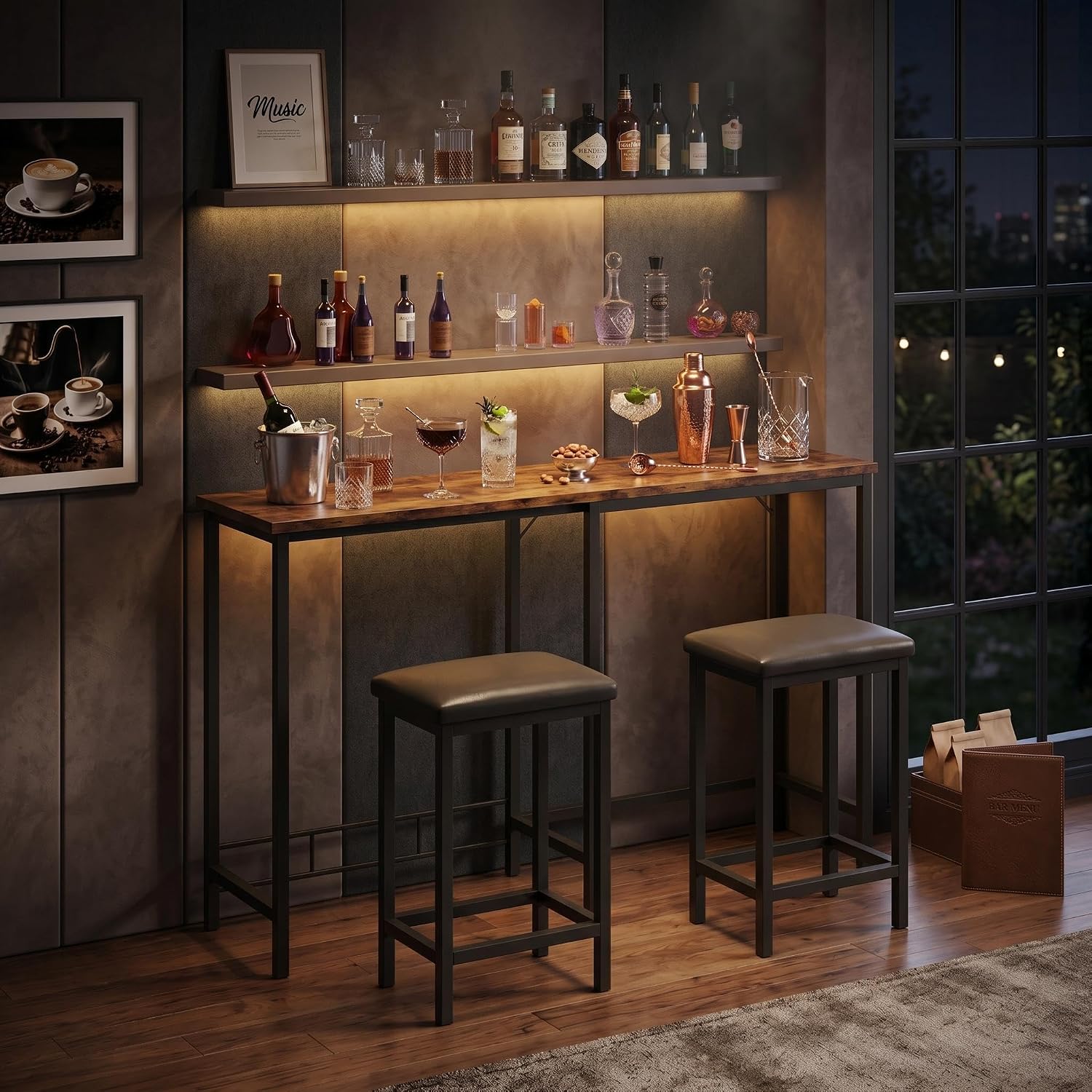 Takywep Bar Table and Chairs Set 3 Pcs, Convertible l Shaped Kitchen Bar Table with 2 Stools and Power Outlets, Space Saving Counter Height Dining Set for Apartment and Small Kitchen