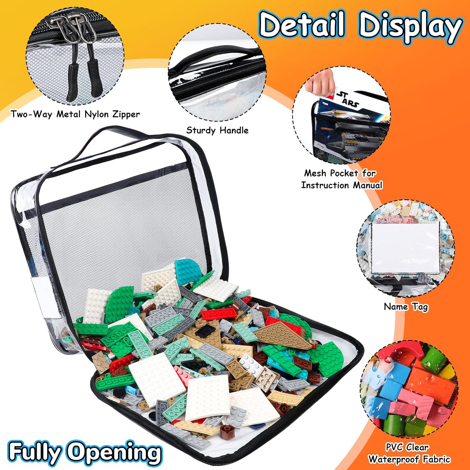 4 Pack Toy Storage Organizer Bag for Lego Bricks, Clear PVC Zippered Block Set with Manual Pocket& Name Tag, Waterproof Toy Carrying Case for Board Game, Building Blocks& Puzzles (Large, Black)
