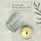 Sage Colored Tranlucent Apothecary Etched Geometric Grid Glass Jar W/Gold Metal Lid Cover for Bathroom Organization, Cotton Balls, Q Tips, and Small Accessories, Bathroom Storage