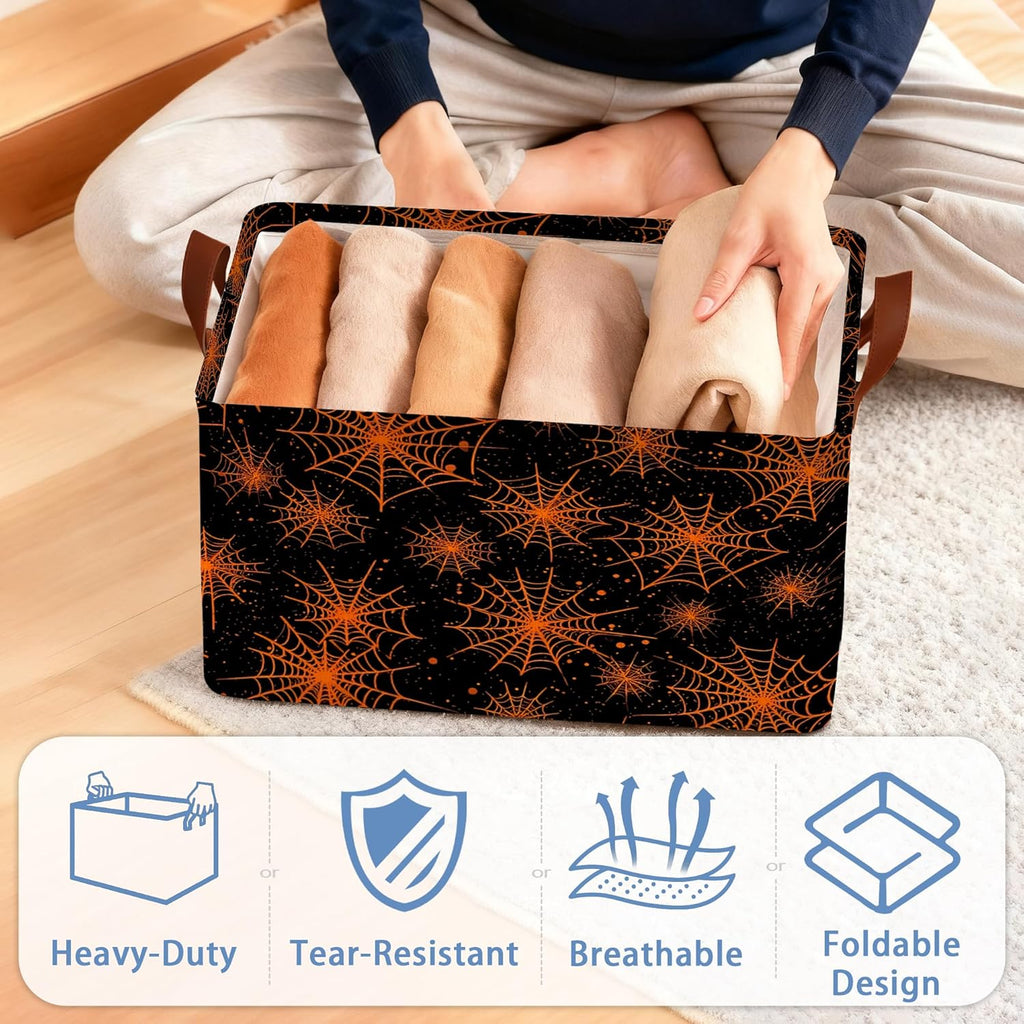 Halloween Storage Basket,Spider Web Collapsible Storage Bin Cubes for Living Room Bedroom Blankets Home Storage 17x11.5x10Inch