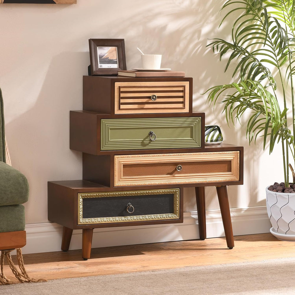 Ahokua Vintage Accent Chest with 4 Drawers, Asymmetrical Stacked Design, Mult...