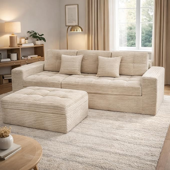 Eafurn 105" L-Shaped Boneless Modular Sectional Sofa with Movable Ottoman, Comfy Corduroy Floor Couch with Deep Seat and Tufted Seat, Flexible Module Combination for Living Room, No Assembly | Deep Seat, Wider Armrest, Free Combination, Tufted
