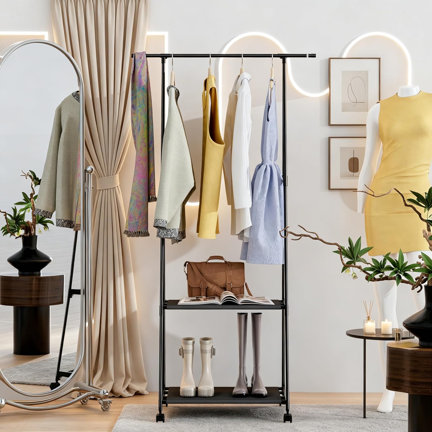 GcdPai Freestanding Clothing Rack Double-Tier with Shoe Storage | Space-Saving Closet Organizer, For Entryway, Bedroom & Walk-In Wardrobe, Triangle Coat Rack, Garment Rack