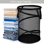 BATTOO Black X-Large Collapsible Laundry Basket Foldable Mesh Pop Up Hamper with Handles for Laundry Room, Bathroom, Kids Room, College Dorm, Travel, Camping, Gift Basket