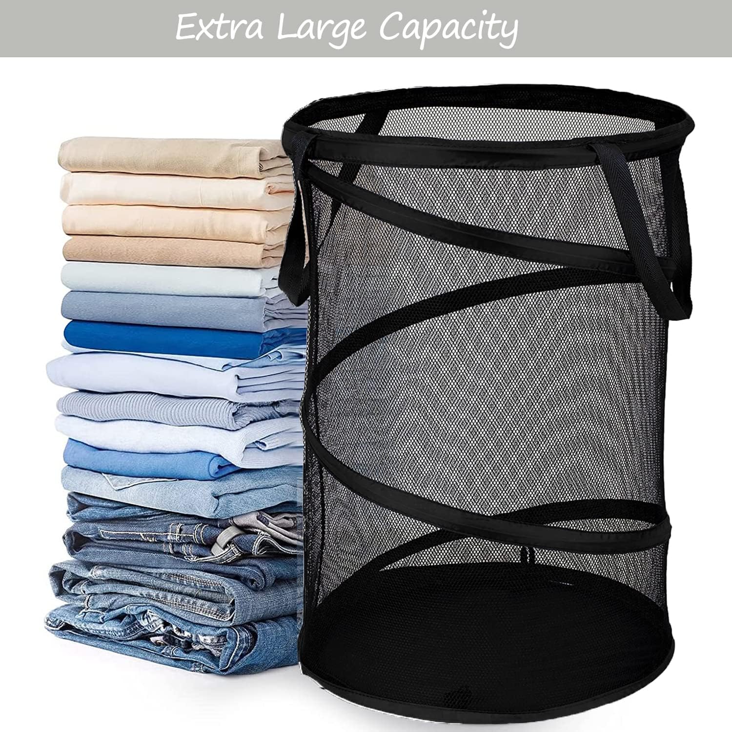 BATTOO Black X-Large Collapsible Laundry Basket Foldable Mesh Pop Up Hamper with Handles for Laundry Room, Bathroom, Kids Room, College Dorm, Travel, Camping, Gift Basket