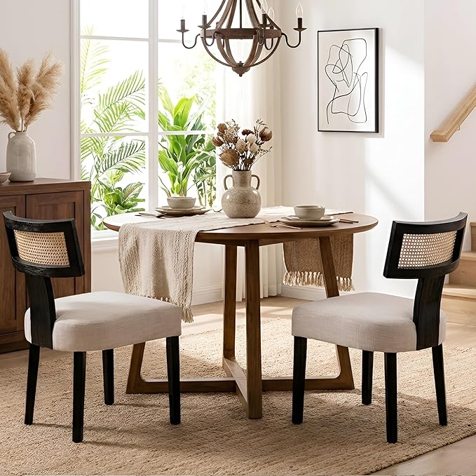 HNY Mid Century Modern Rattan Dining Chairs Set of 2, Farmhouse Linen Upholstered Accent Chair Curved Backrest Kitchen Chairs, with Black Hardwood Frame, Beige