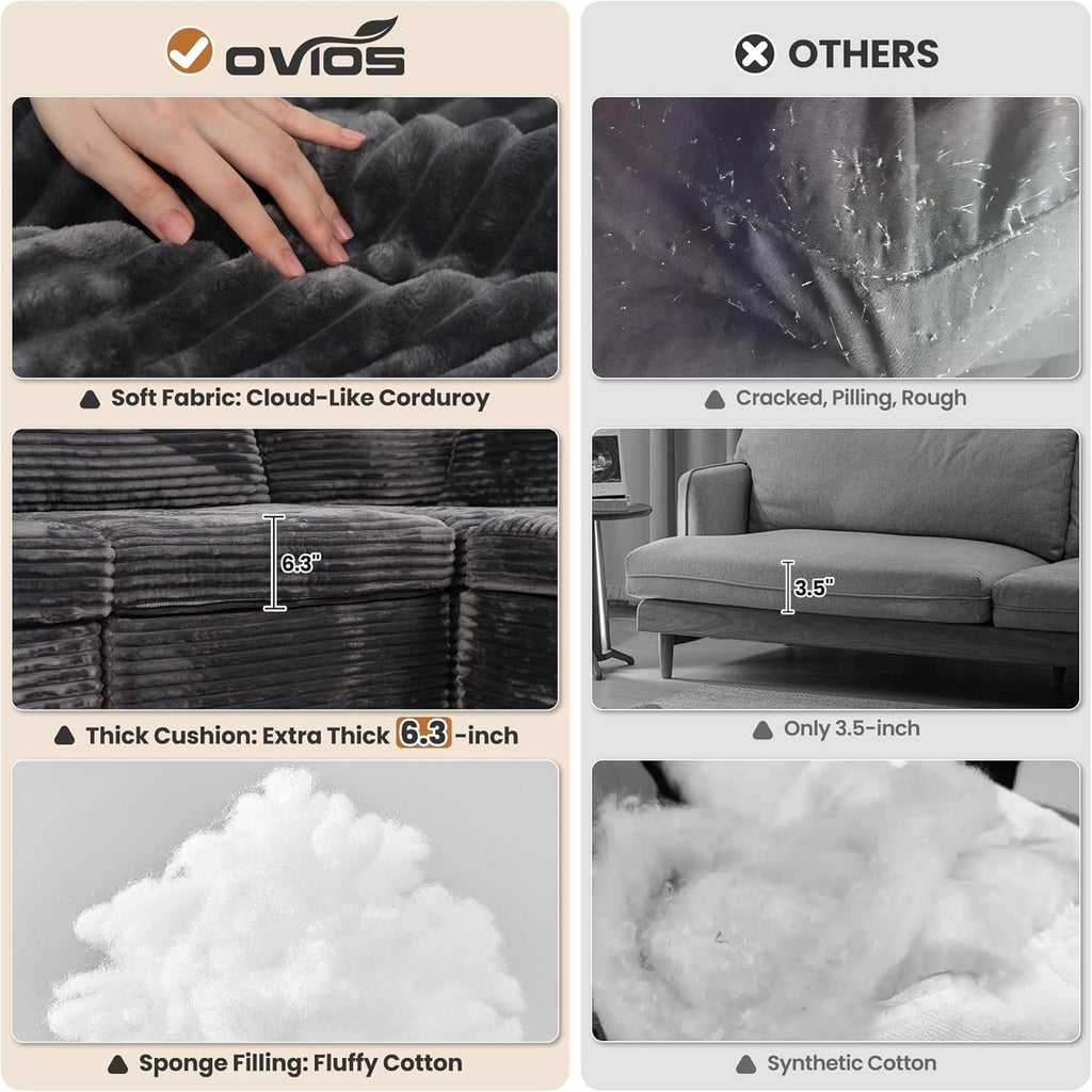 ovios Modular Sectional Sofa Couch with U-Shape Chaise Ottomans, Comfy Plush Corduroy Cloud Couches, Modern Luxury Deep Seat Sofas Set for Living Room, 9-Seater, Grey