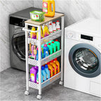 Utility Slim Storage Cart, 4 Tier Small Rolling Kitchen Laundry Room Cart with Wood Top, Metal Bathroom Storage Cabinet Mobile Shelf Unit Organizer Trolley with Handle for Narrow Space