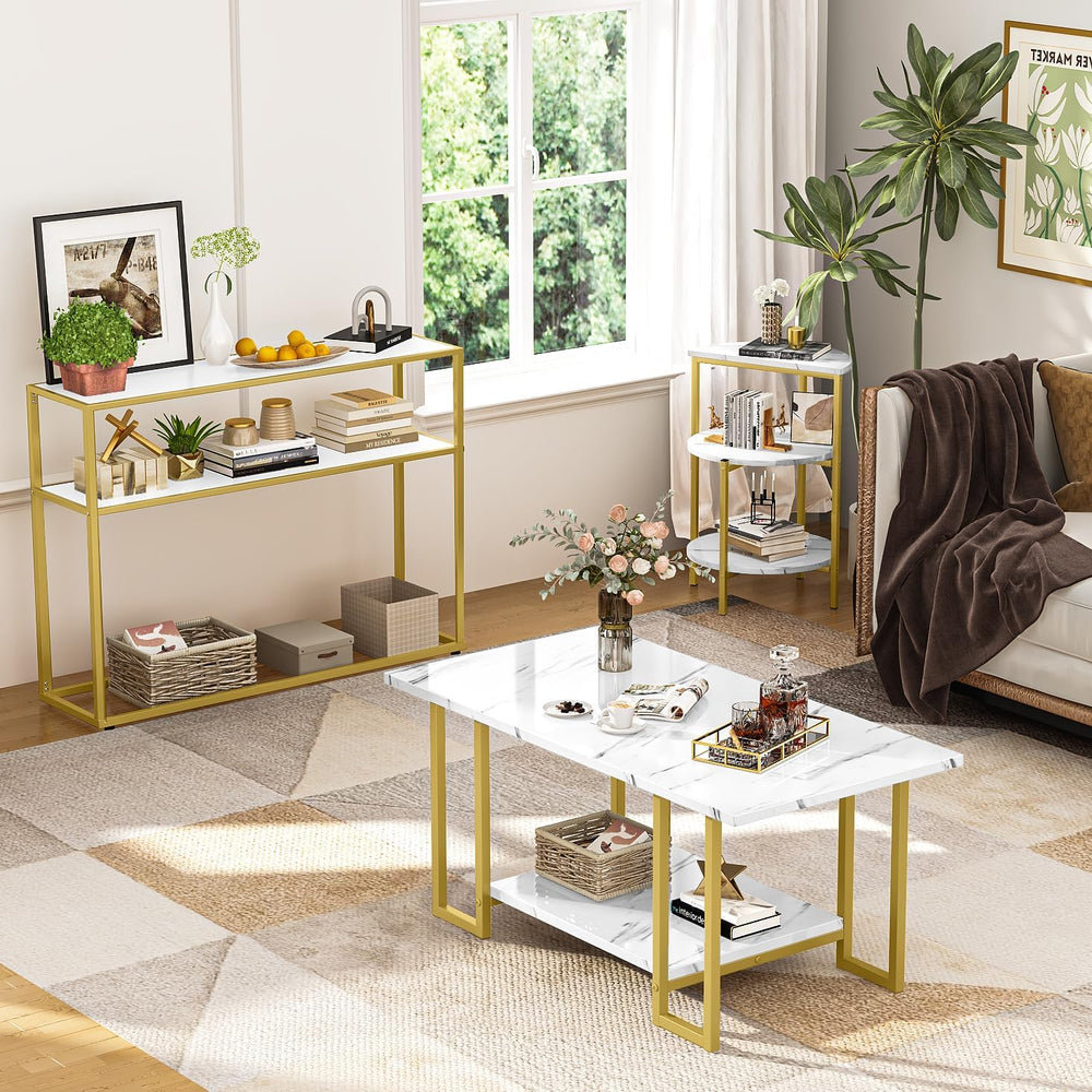 AWQM Coffee Table Set, Faux Marble Table & 2 Side Table, White&Gold |...