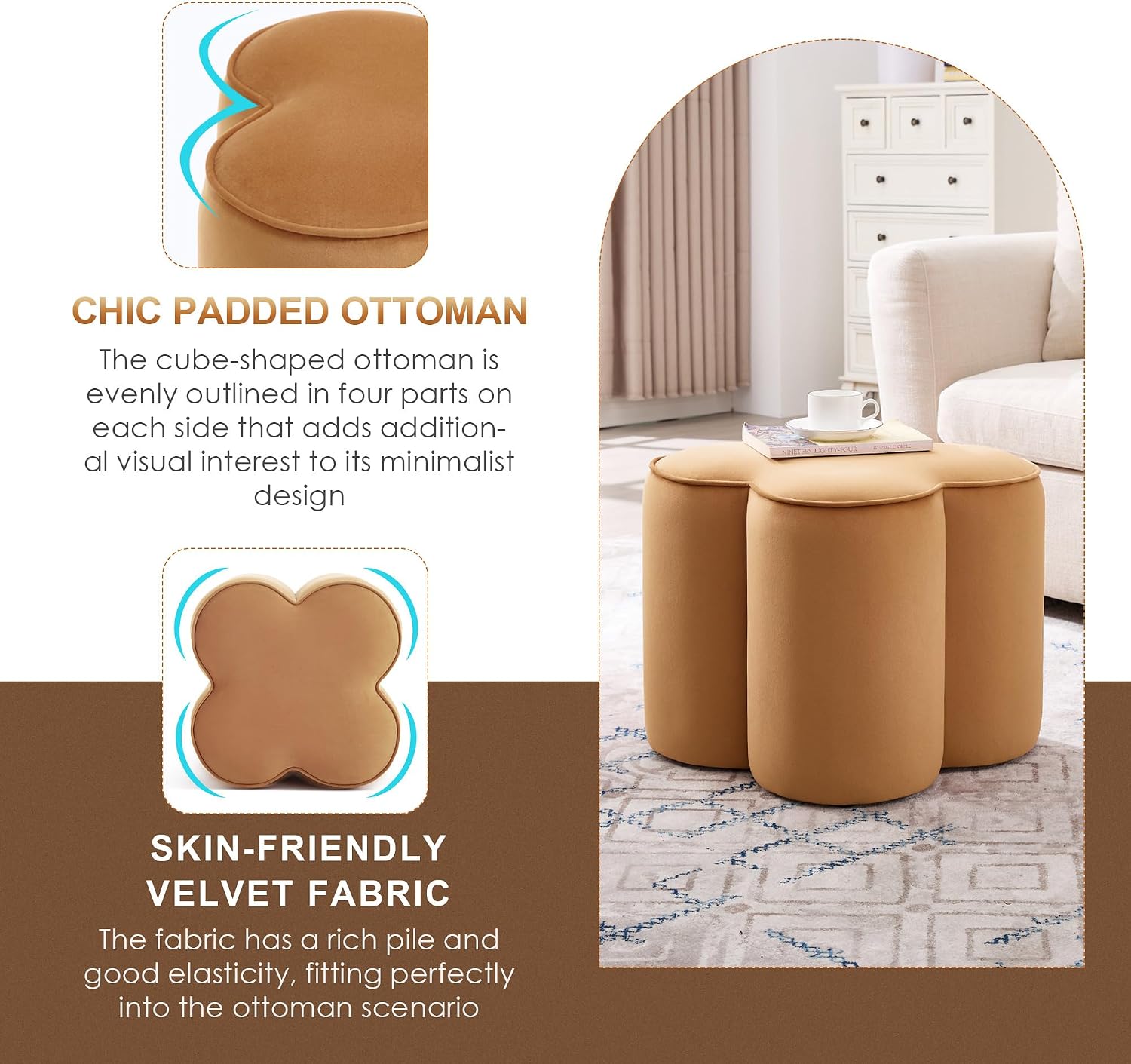 Zesthouse Flower Pouf Ottomans Foot Rest Set of 2, Velvet Poofy Ottomans | Large Ottoman Footstool for Couch, Modern Living Room Stool Seat, Cute Square Vanity Stool for Bedroom, Camel Dorm Foot Stool
